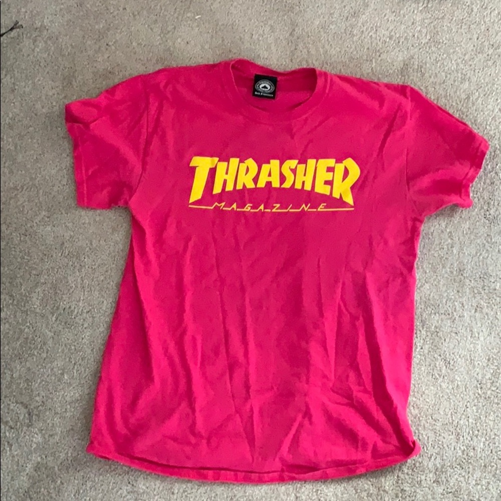 Thrasher pink and yellow logo tee